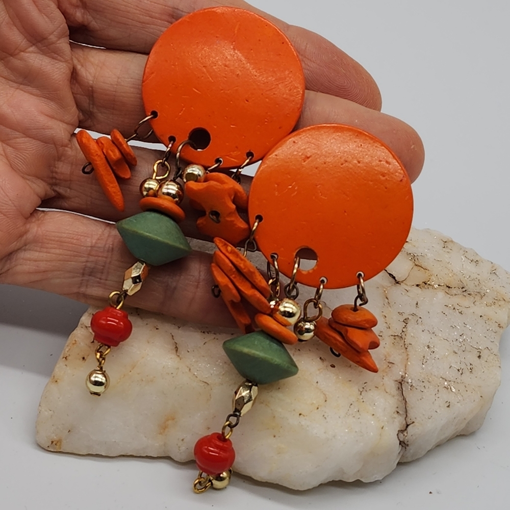 ❤️ Boho Jewelry Woodmade Orange Large Lightweight Dangling Earrings Studs